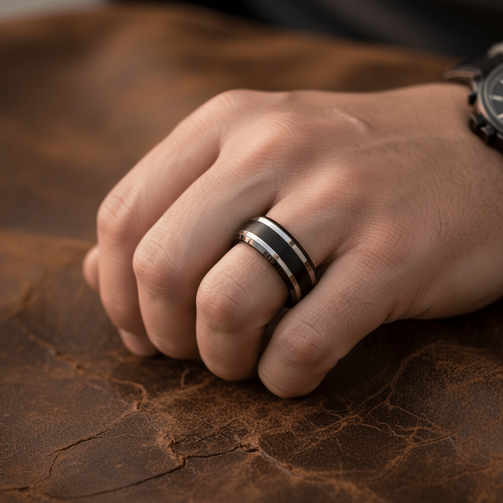 VELUTUS — lifestyle on hand — men's tungsten carbide wedding ring | Aydins Jewelry
