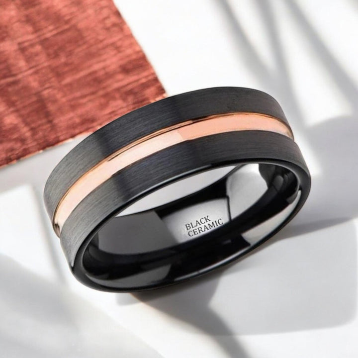 VENICE black ceramic wedding band featuring sleek brushed finish and elegant rose gold groove - Aydins Jewelry.