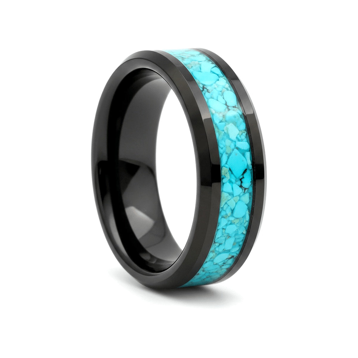 VERDEL black tungsten wedding ring with crushed turquoise inlay and beveled edges - front view