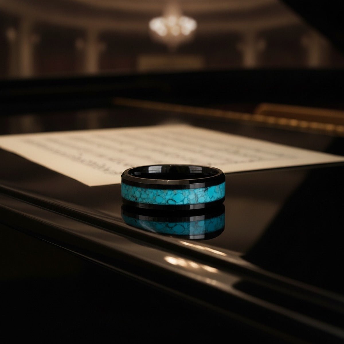 Aydins VERDEL | Black Tungsten Crushed Turquoise Stone Inlay Beveled Wedding Ring 8mm lifestyle scene, piano lacquer