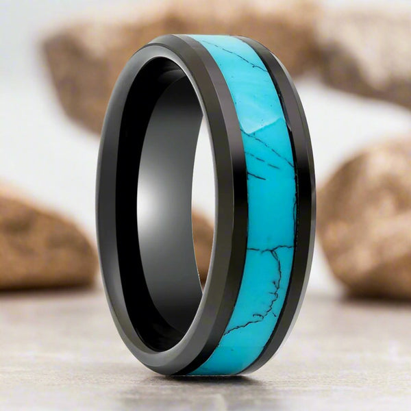 VERDEL Black Tungsten Ring with Turquoise Inlay and Beveled Edges - Side View