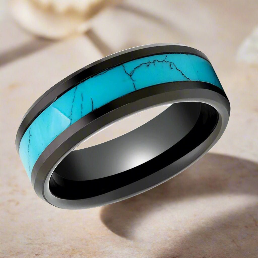 VERDEL Ring with Turquoise Inlay and Beveled Edges - Modern Men's Wedding Band