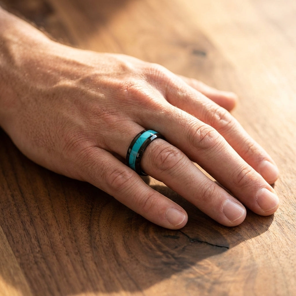 VERDEL black tungsten wedding ring, turquoise stone inlay with matrix veining, worn on masculine hand on walnut table, lifestyle photo
