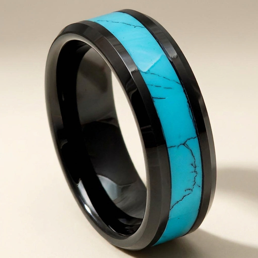 VERDEL black tungsten wedding ring, turquoise stone inlay with matrix veining, beveled edges, studio hero shot