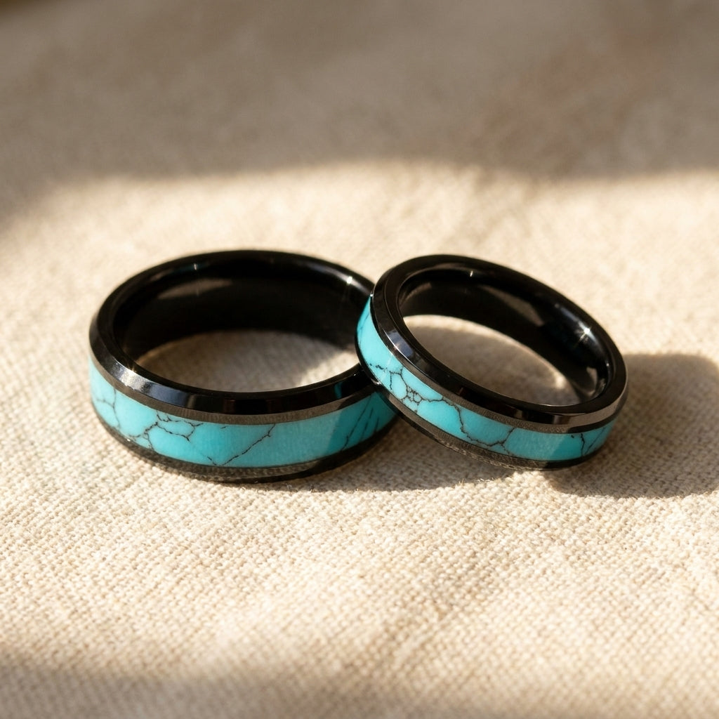 VERDEL his and hers matching pair, black tungsten with turquoise stone inlay and matrix veining, on cream linen with morning side light
