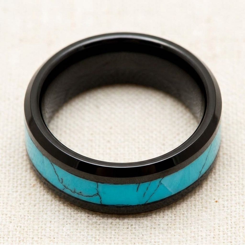 VERDEL black tungsten wedding ring, turquoise stone inlay with matrix veining, macro detail overhead flat lay