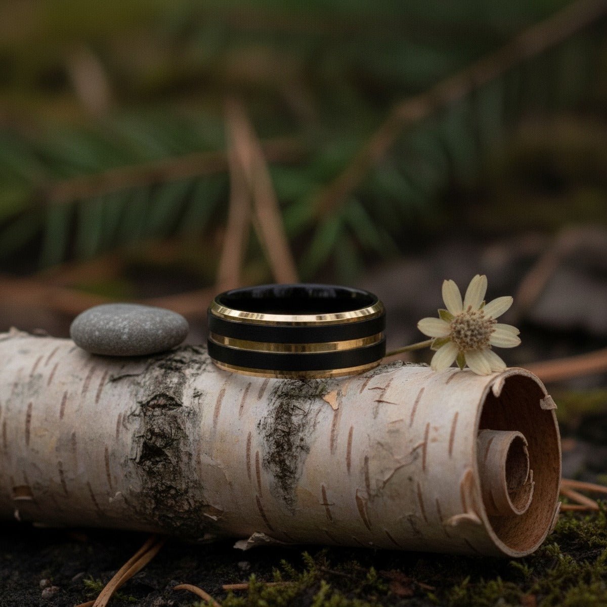 Aydins VERTEX | Polished Black Tungsten Yellow Gold Pinstripe Beveled Wedding Ring 8mm lifestyle scene, river birch bark