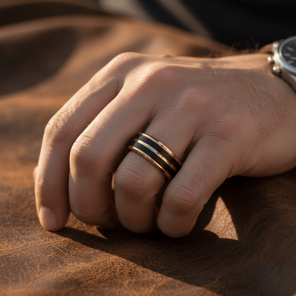 VERTEX — Lifestyle photo on hand — men's tungsten wedding ring.