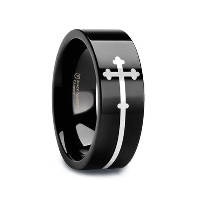 VESPER black tungsten ring with sideways cross laser-engraved at the center – Aydins Jewelry