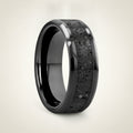 VESUVIUS polished black ceramic wedding band with black and gray lava rock stone inlay running around the band and polished beveled edges, studio hero shot