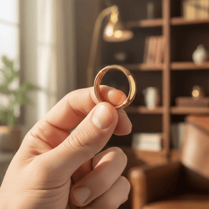 VIGILANT - Held between fingers close-up - men's tungsten wedding ring.