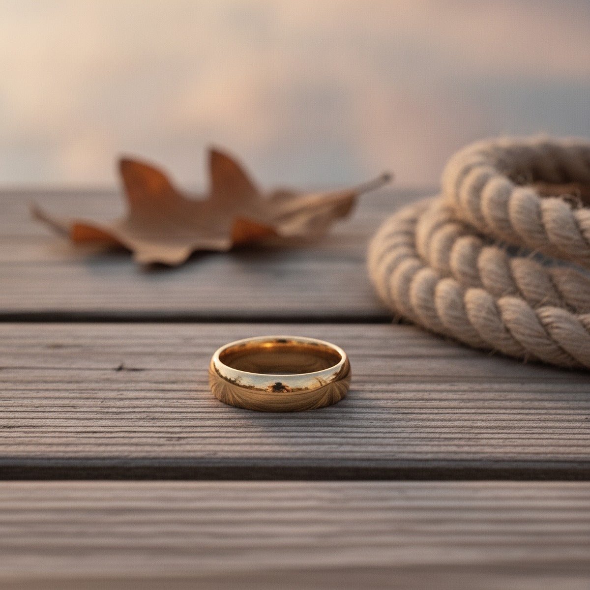 Aydins VIGILANT | Yellow Gold Tungsten Domed Ring lifestyle scene, lakeside dock