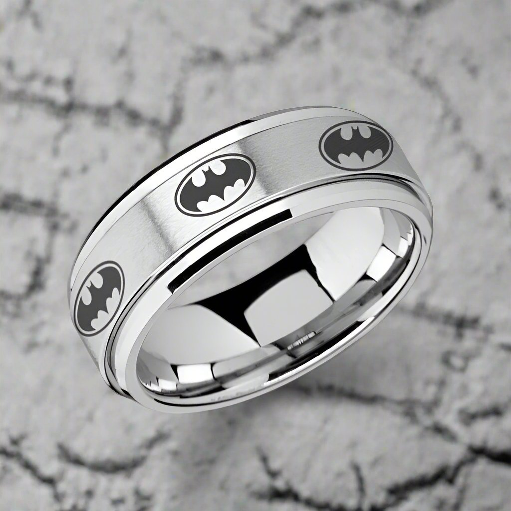 VIGILANTE | Silver Tungsten Ring, Fidget Spinner, Laser Engraved Batmen, Beveled - Rings - Aydins Jewelry - 2