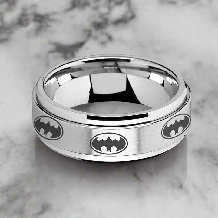 VIGILANTE | Silver Tungsten Ring, Fidget Spinner, Laser Engraved Batmen, Beveled - Rings - Aydins Jewelry - 3