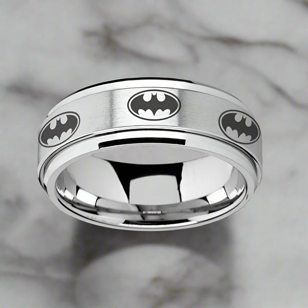 VIGILANTE | Silver Tungsten Ring, Fidget Spinner, Laser Engraved Batmen, Beveled - Rings - Aydins Jewelry - 1