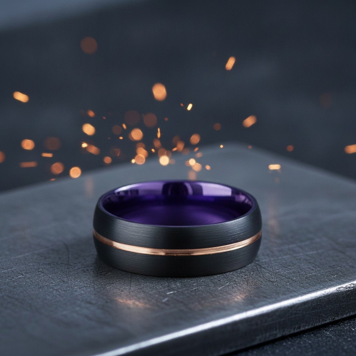 Aydins VINTAGE | Purple Ring, Black Tungsten Ring, Rose Gold Groove, Domed lifestyle scene, metalworker steel