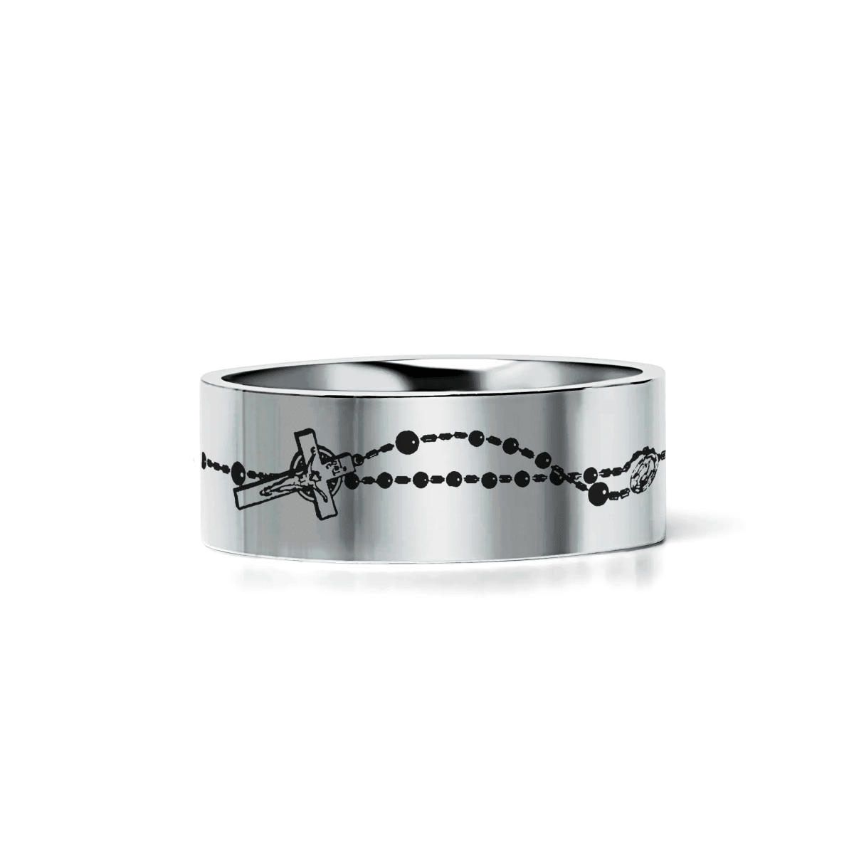 VOTIVE silver tungsten ring with rosary beads and crosses laser-engraved around the band – Aydins Jewelry