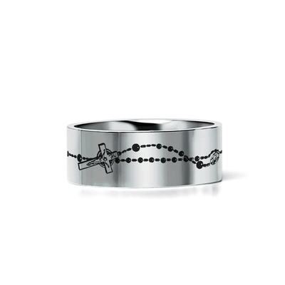 VOTIVE silver tungsten ring with rosary beads and crosses laser-engraved around the band – Aydins Jewelry