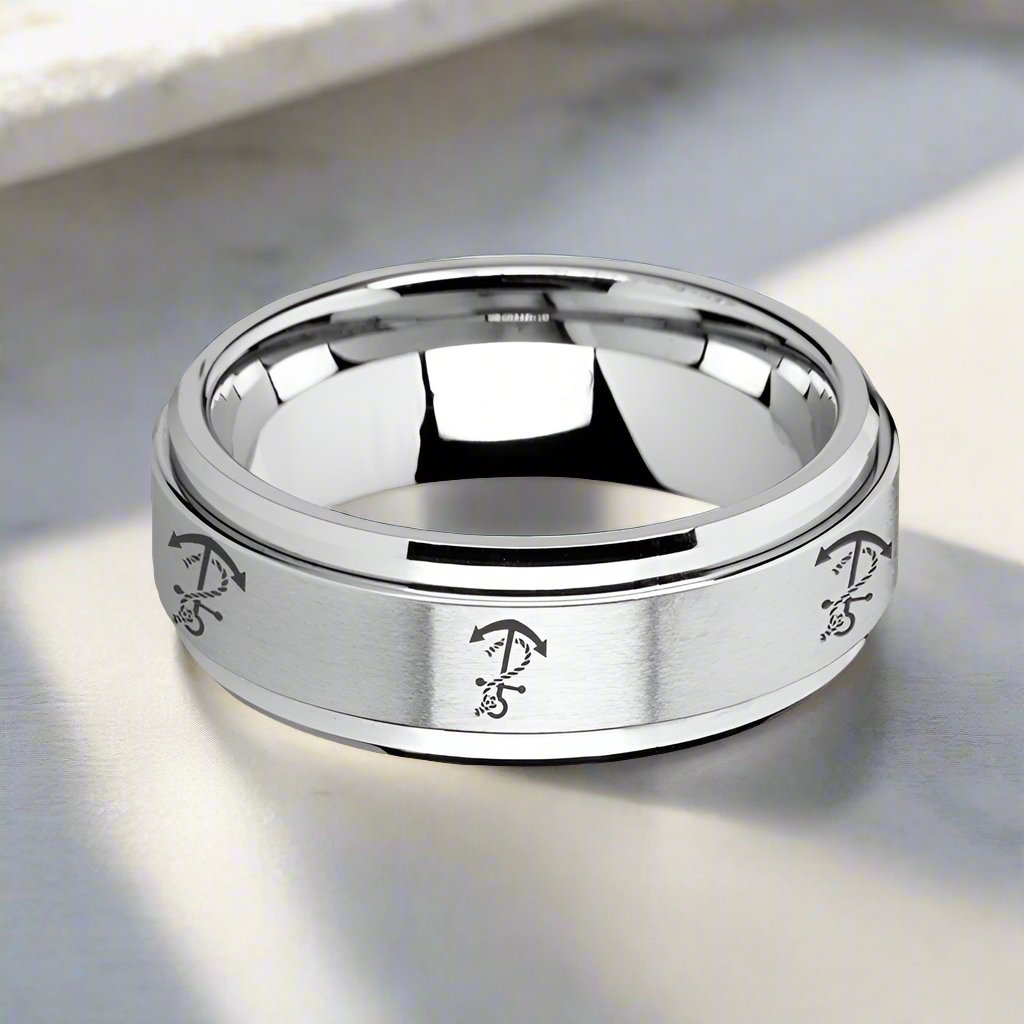 VOYAGE | Silver Tungsten Ring, Fidget Spinner, Laser Engraved Artistic Anchor, Beveled - Rings - Aydins Jewelry - 3