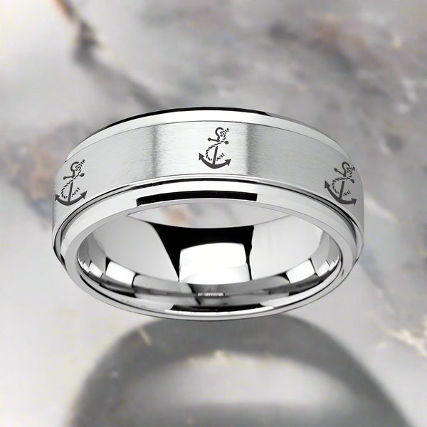 VOYAGE | Silver Tungsten Ring, Fidget Spinner, Laser Engraved Artistic Anchor, Beveled - Rings - Aydins Jewelry - 1