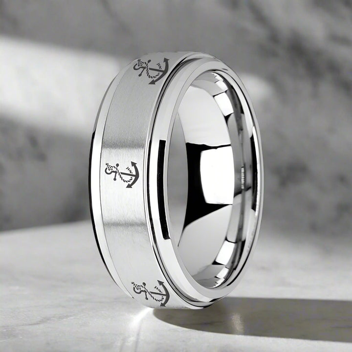 VOYAGE | Silver Tungsten Ring, Fidget Spinner, Laser Engraved Artistic Anchor, Beveled - Rings - Aydins Jewelry - 2