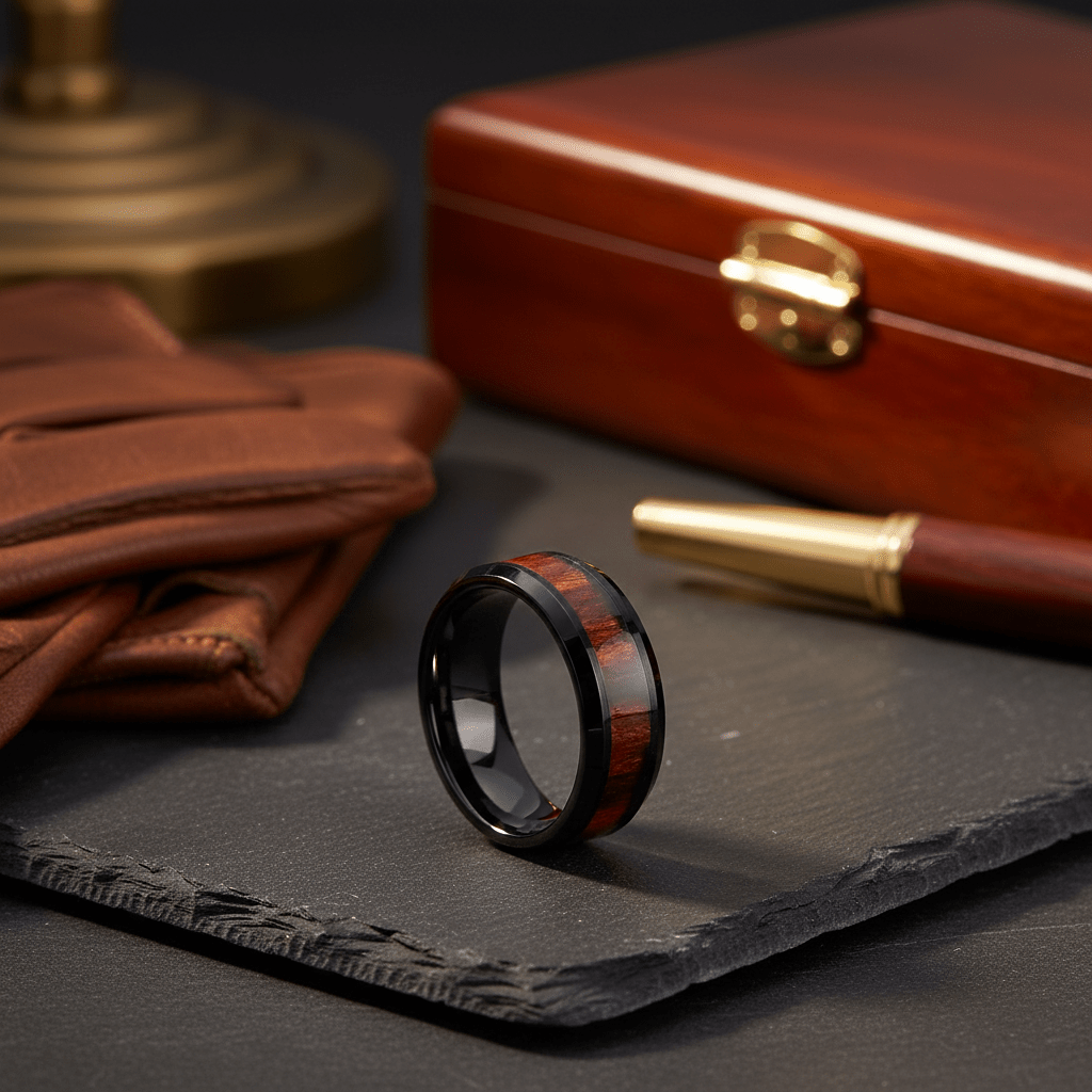 WARDEN — Editorial masculine still life — men's tungsten wedding ring.