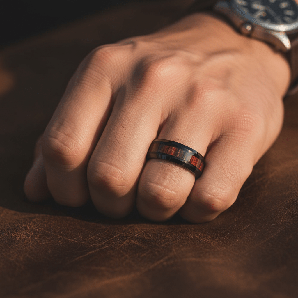 WARDEN — Lifestyle photo on hand — men's tungsten wedding ring.