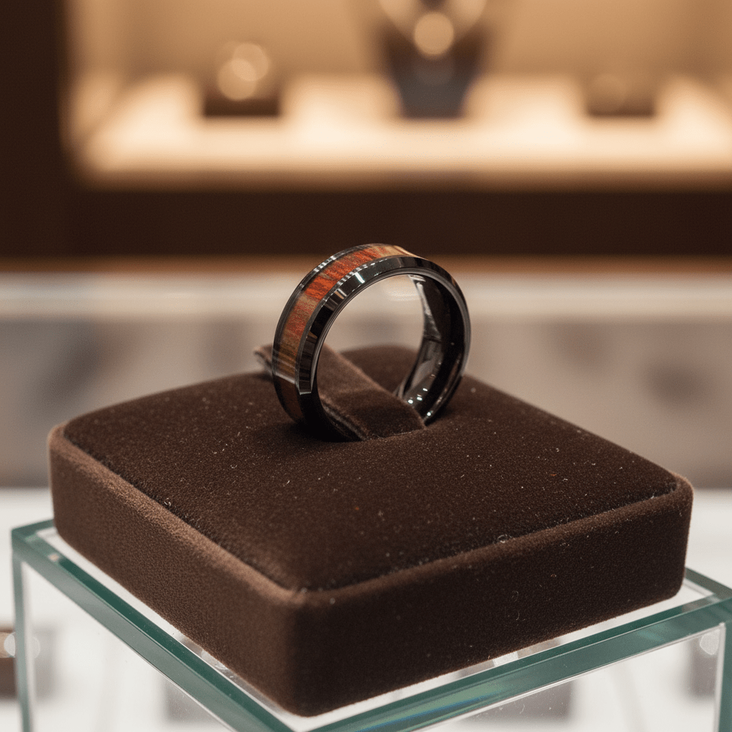 WARDEN — Premium boutique display on velvet — men's tungsten wedding ring.