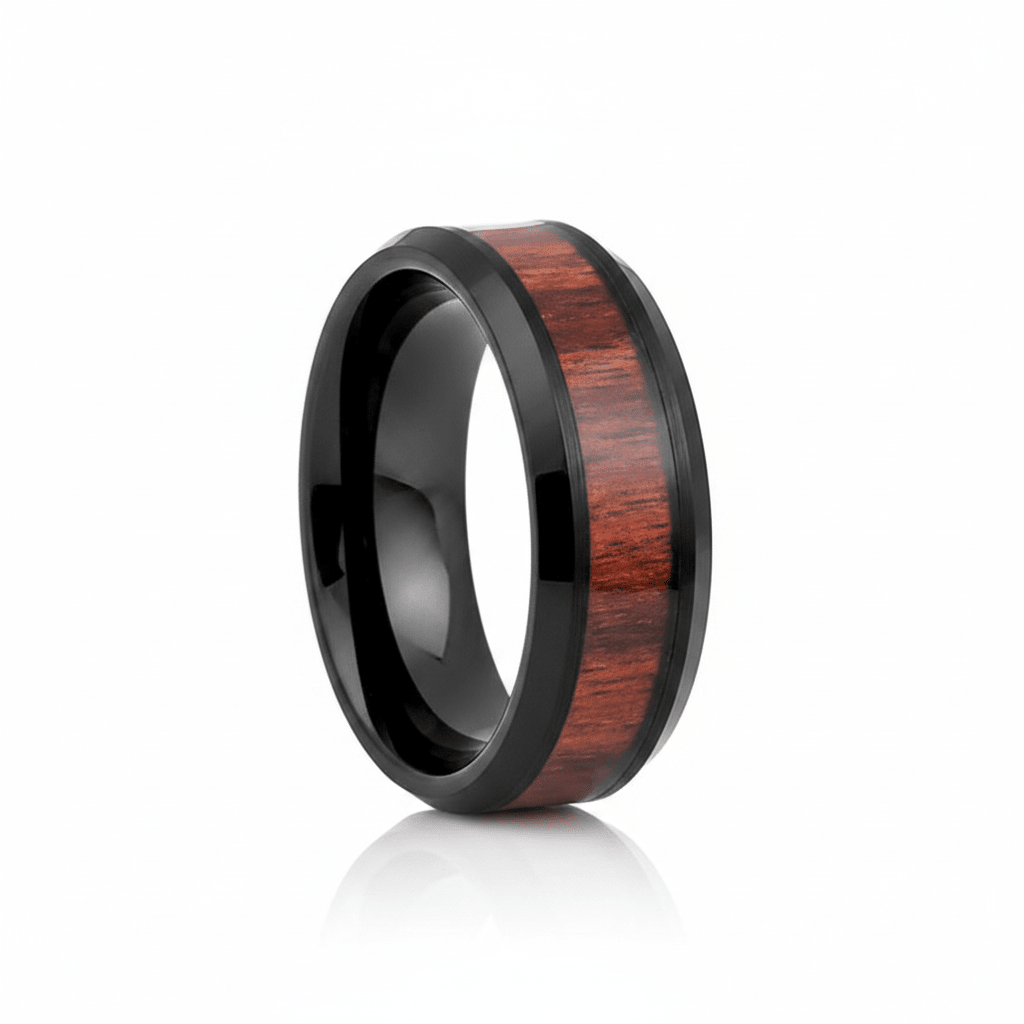 WARDEN — Hero product shot — men's tungsten wedding ring.