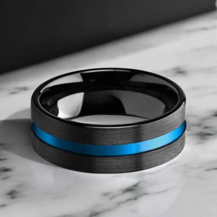 8mm black ceramic ring with striking blue center groove, perfect for weddings or special occasions.