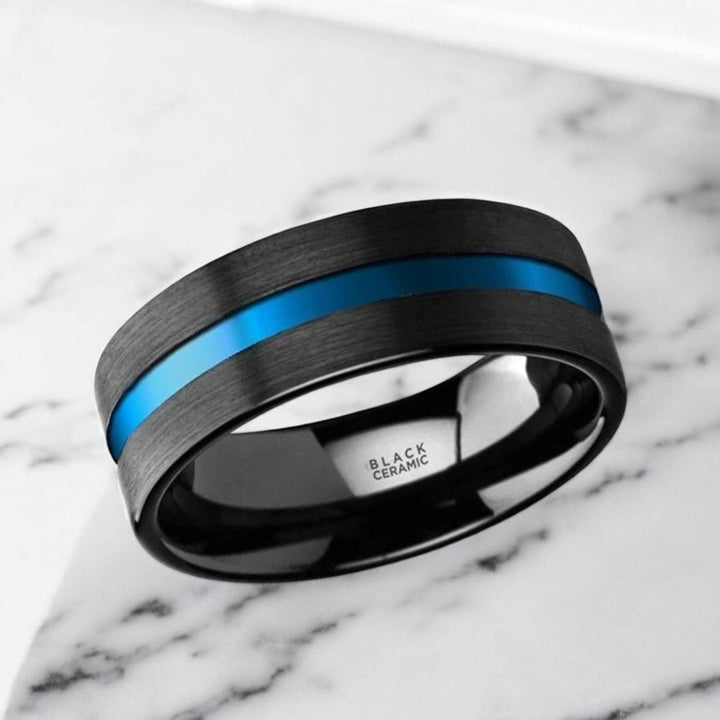 WESTLEY black ceramic wedding band featuring sleek brushed finish and bold blue groove - Aydins Jewelry.