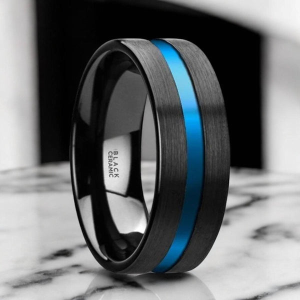 Black ceramic ring with brushed finish and blue grooved center, 8mm width - Aydins Jewelry.