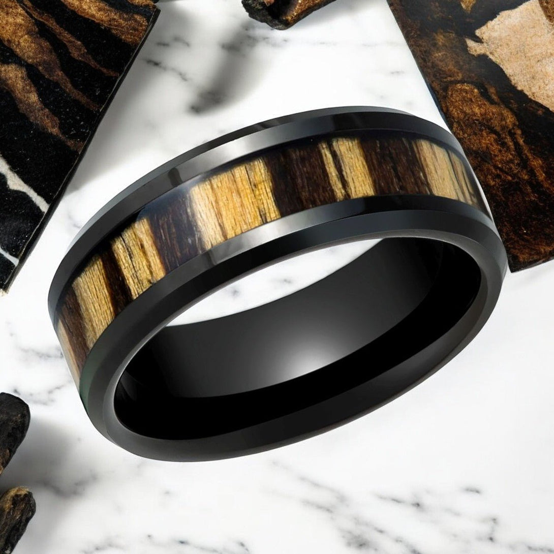 WILDSTRIPE Black Tungsten Ring with Beveled Edge - Angled View