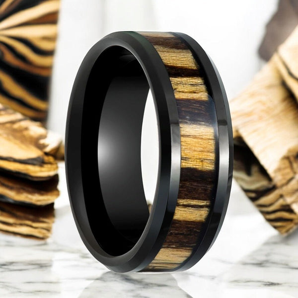 WILDSTRIPE Black Tungsten Ring with Zebra Wood Inlay - Front View