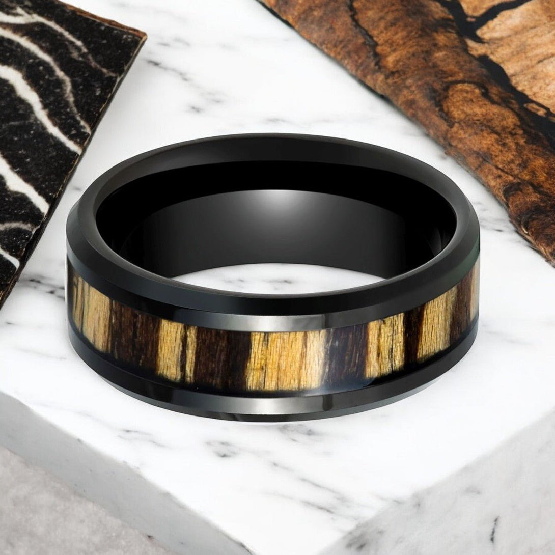 WILDSTRIPE Black Tungsten Ring with Natural Wood Inlay - Side View