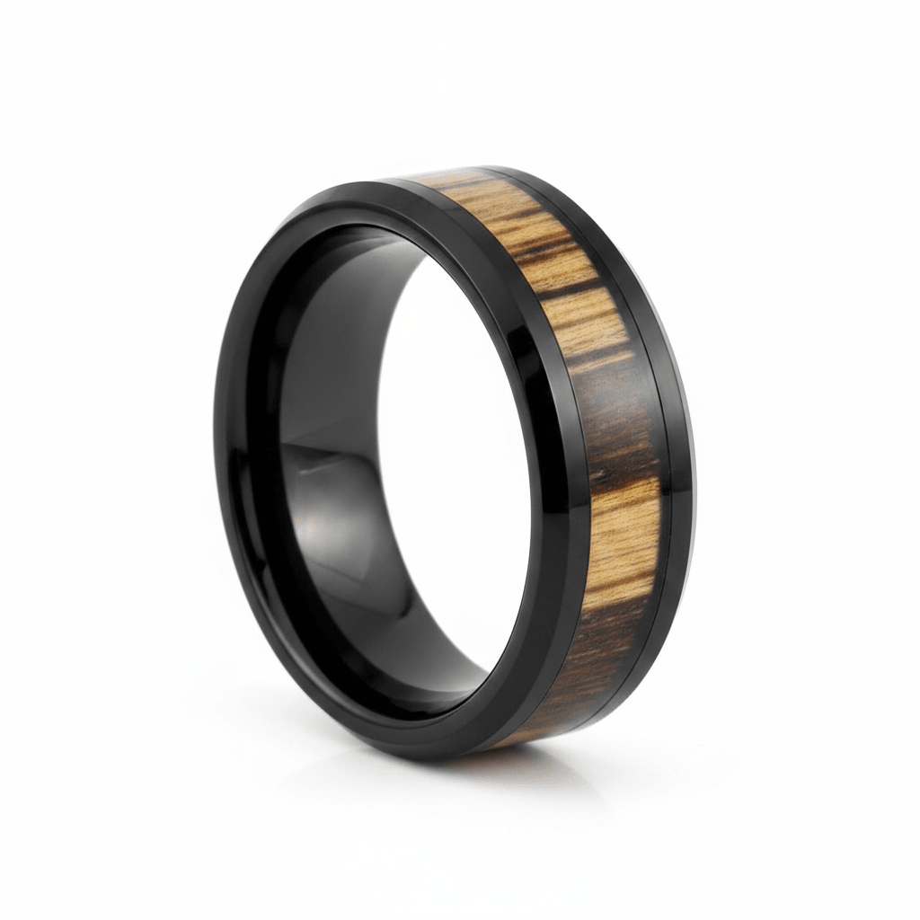 WILDSTRIPE — Hero product shot — men's tungsten wedding ring.