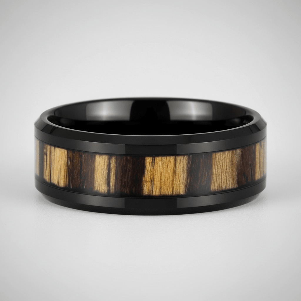 WILDSTRIPE — Center-through axial view — men's tungsten wedding ring.