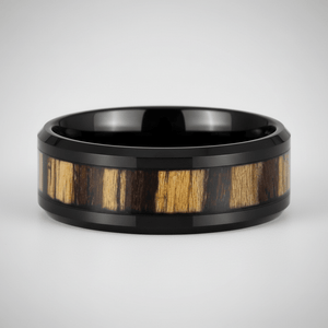 WILDSTRIPE — Center-through axial view — men's tungsten wedding ring.