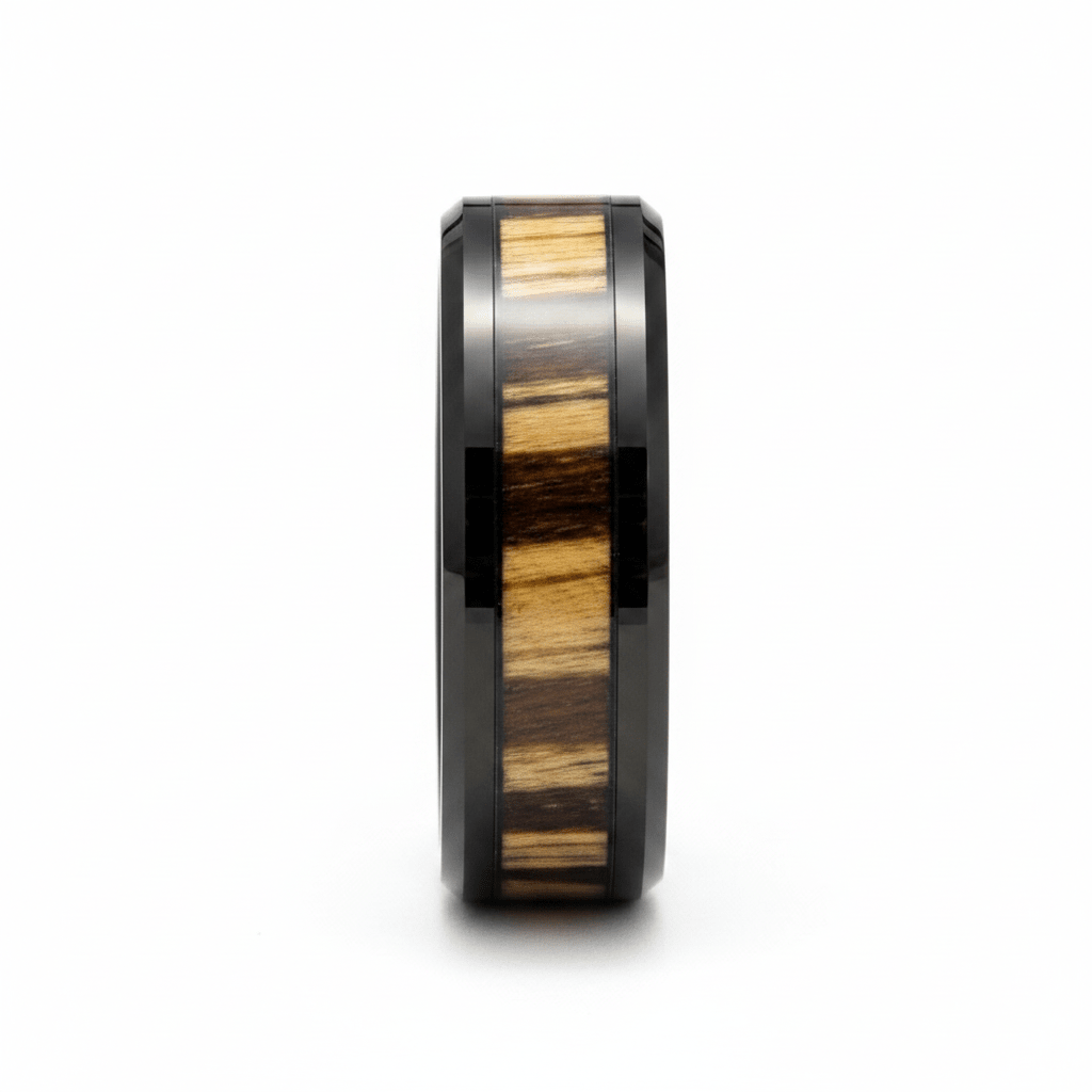WILDSTRIPE — Front-facing straight-on view — men's tungsten wedding ring.