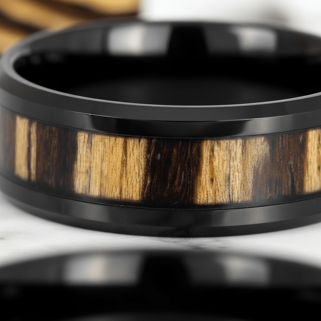 WILDSTRIPE — Extreme macro detail — men's tungsten wedding ring.