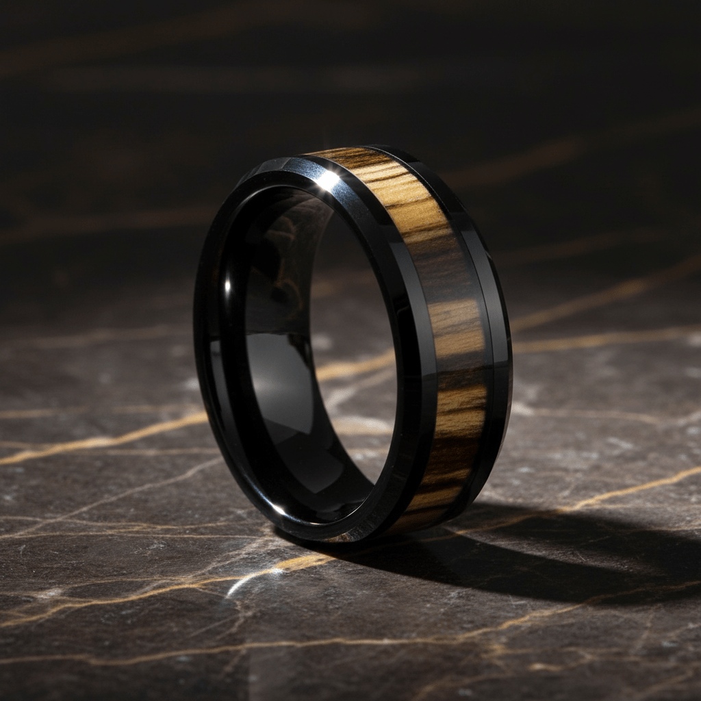 WILDSTRIPE — Luxury 3/4 angle on dark marble — men's tungsten wedding ring.