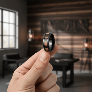 WILDSTRIPE — Held between fingers close-up — men's tungsten wedding ring.