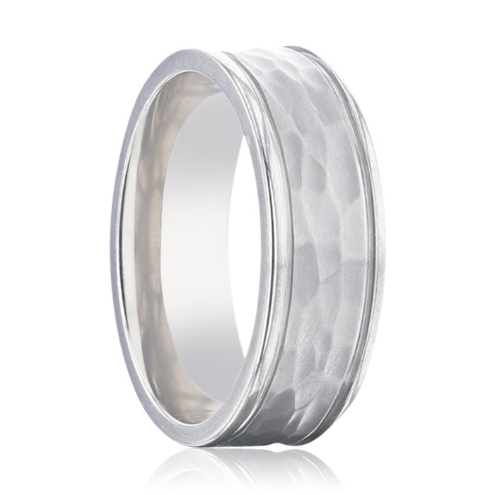 WILLIAM Hammered Finish Center White Titanium Men's Wedding Band With Dual Offset Grooves And Polished Edges - 8mm - Rings - Aydins Jewelry - 1