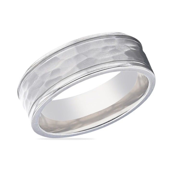 WILLIAM Hammered Finish Center White Titanium Men's Wedding Band With Dual Offset Grooves And Polished Edges - 8mm - Rings - Aydins Jewelry - 2