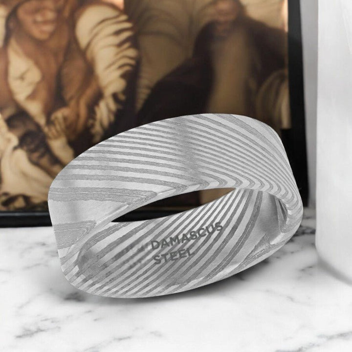 Flat Brushed Silver Damascus Steel Ring by Aydins Jewelry