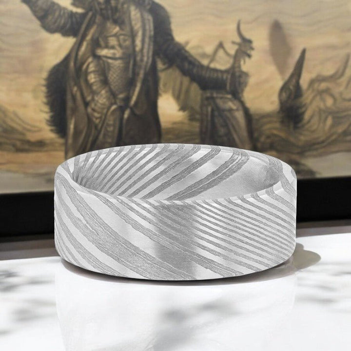 6mm & 8mm Silver Damascus Steel Ring with Etched Detailing