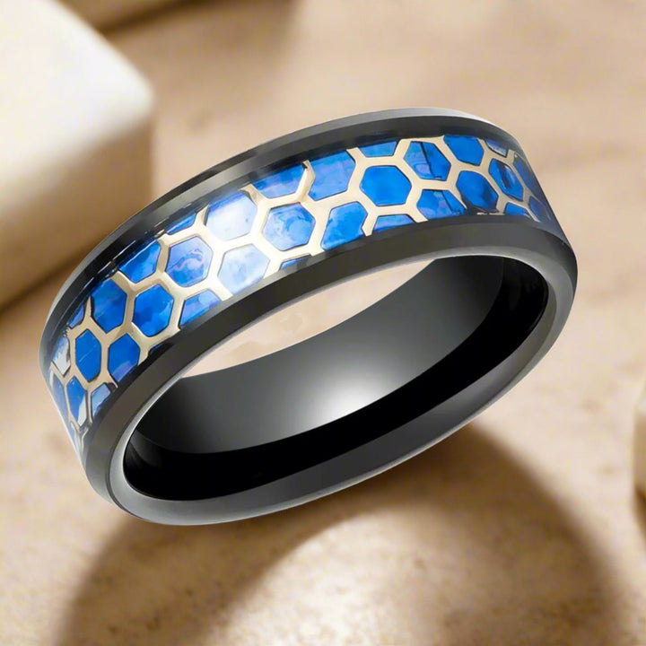 Black Tungsten Ring with Honeycomb Lab-Created Blue Opal Inlay - Close-Up