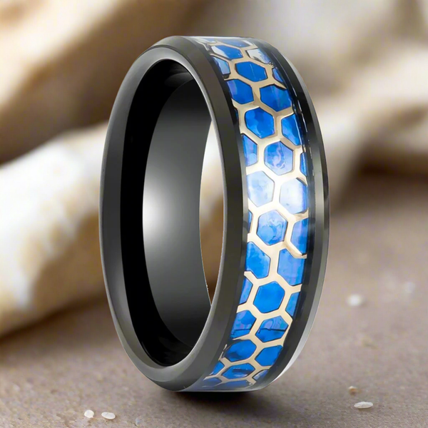 YANKTON Black Tungsten Ring with Blue Opal Honeycomb Inlay - Side View