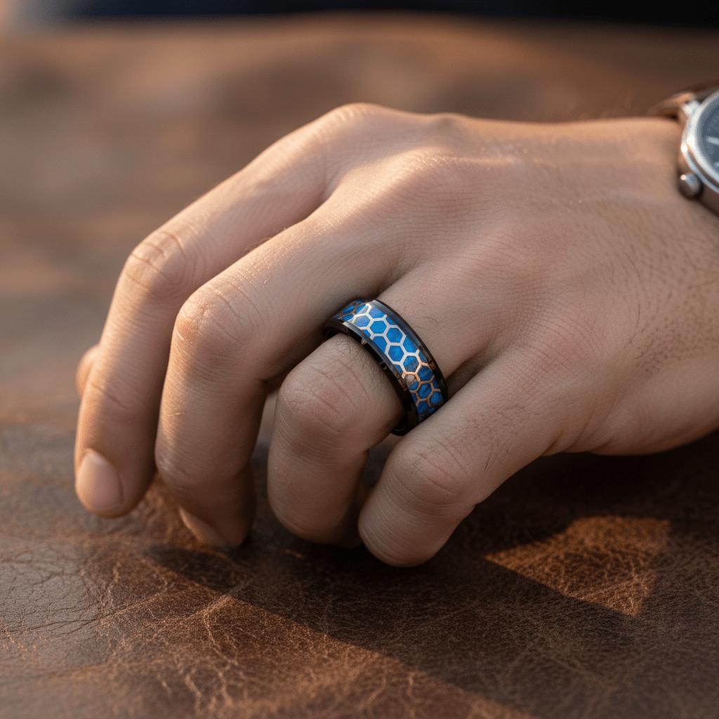 YANKTON — Lifestyle photo on hand — men's tungsten wedding ring.