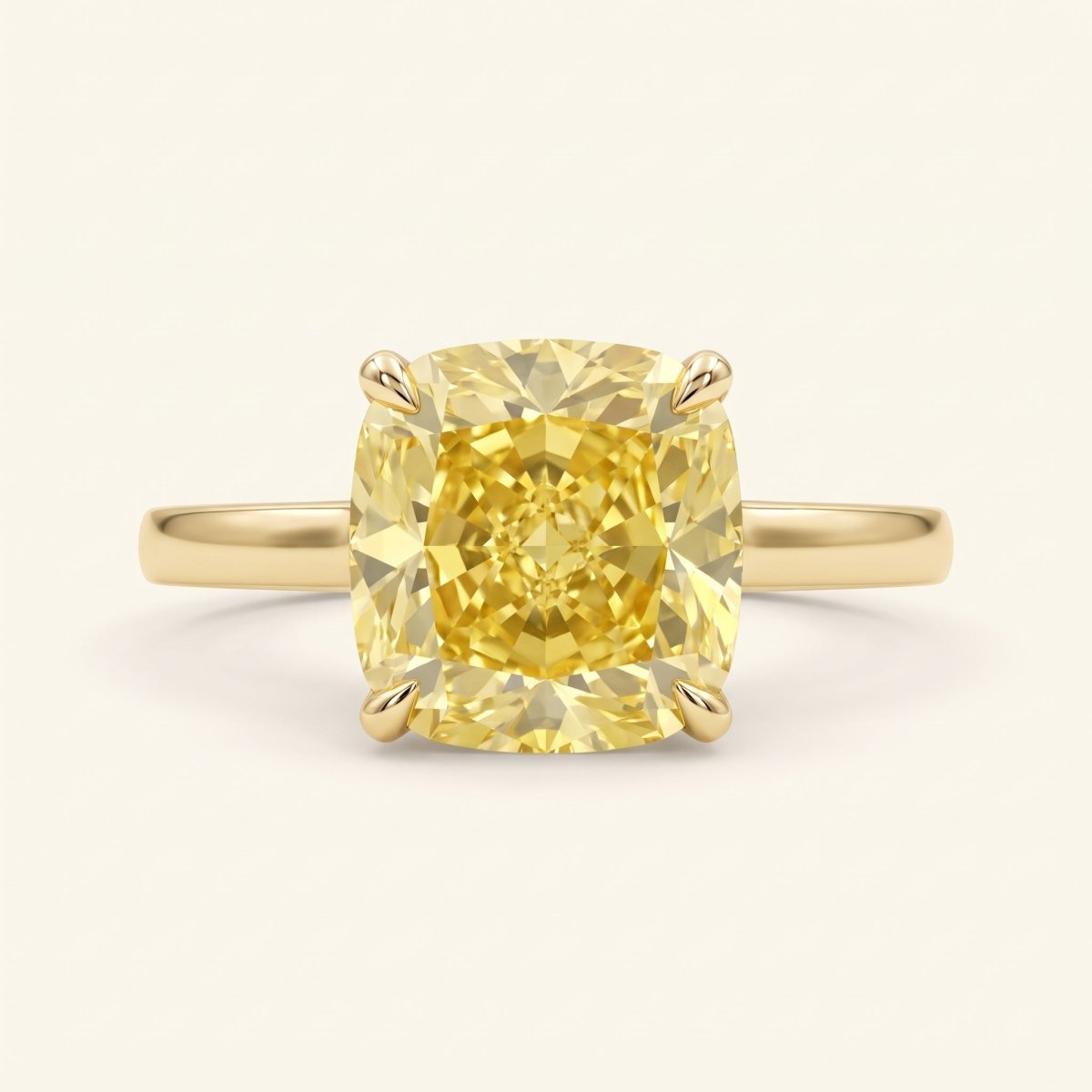 Yellow Cushion lab-grown diamond solitaire engagement ring, Yellow Gold, face-on detail macro